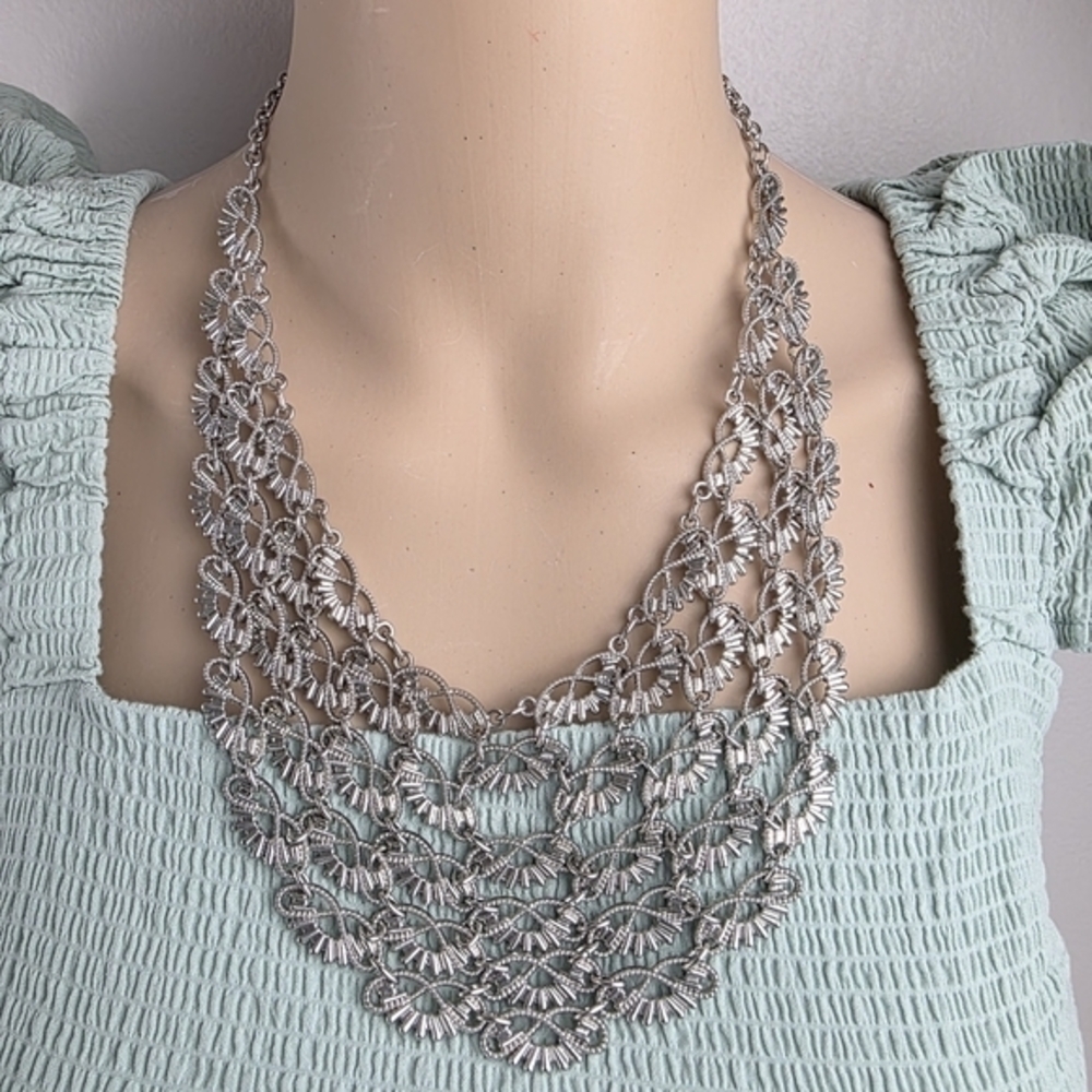 Layered Statement Necklace Silver Tone Multi Strand‎ Bib Choker